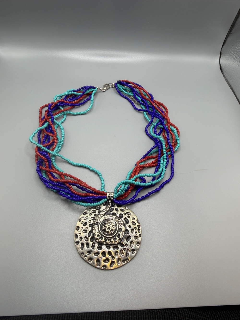 Multistrand Turquoise Blue Red Purple Beaded Necklace with Silver Pendant